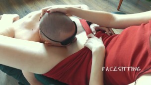 Chained slave licks pussy on the orders of mistress, russian femdom cunnilingus, female domination